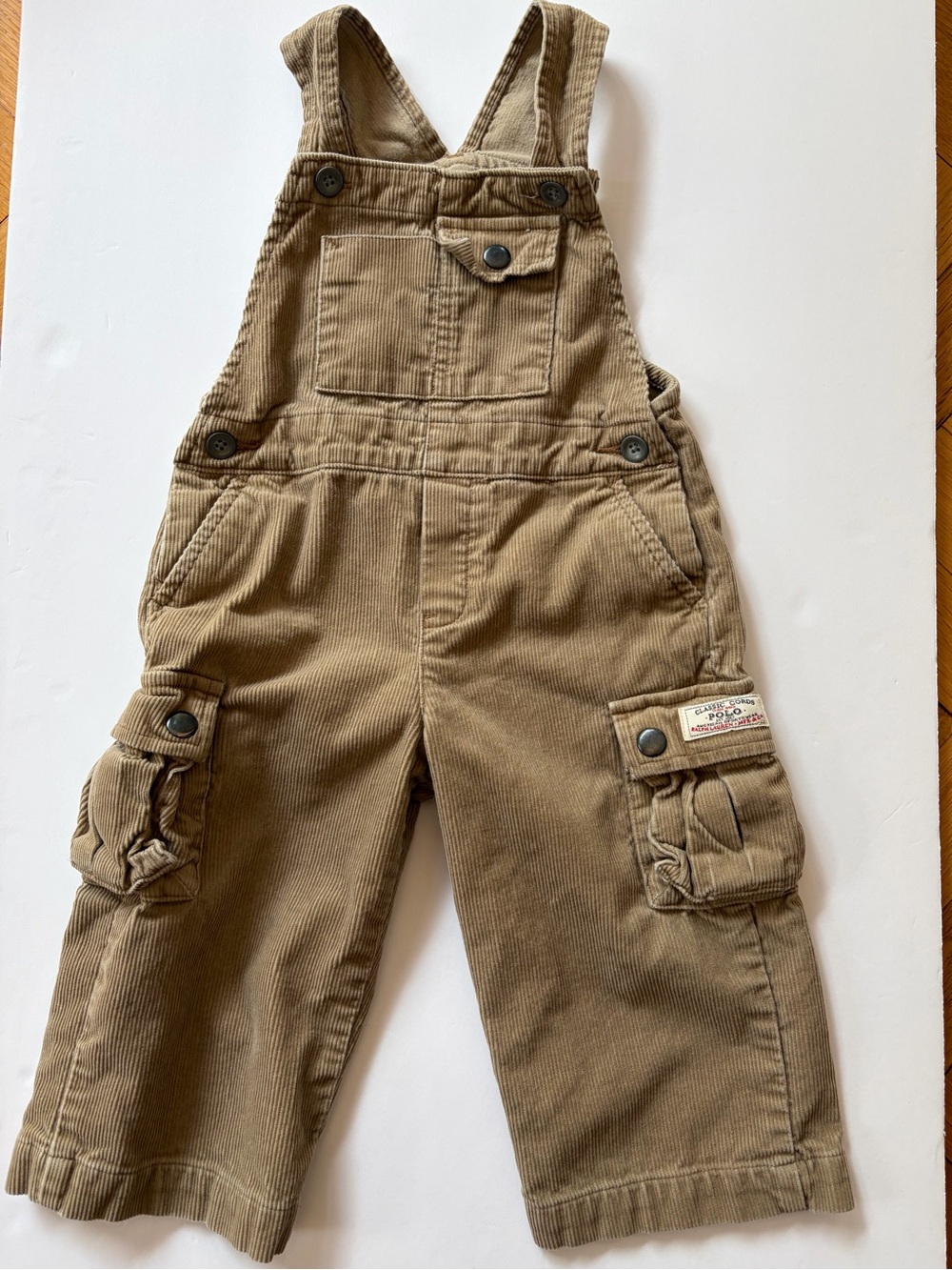 Polo by Ralph Lauren Tan Corduroy Cargo Overalls for Kids Baby Boy 18M. Classic!